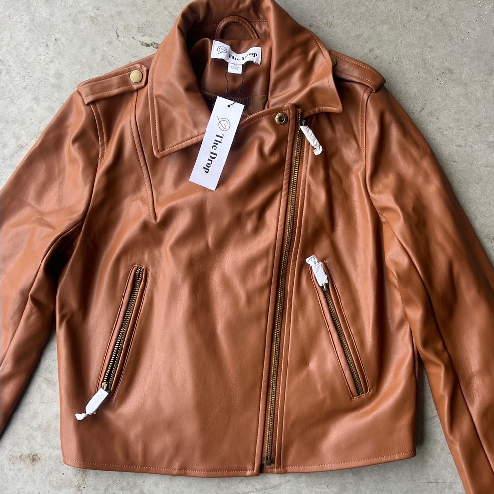 The Drop NWT brown faux leather moto style full zip womens jacket, size XS 🟰 - Picture 2 of 8